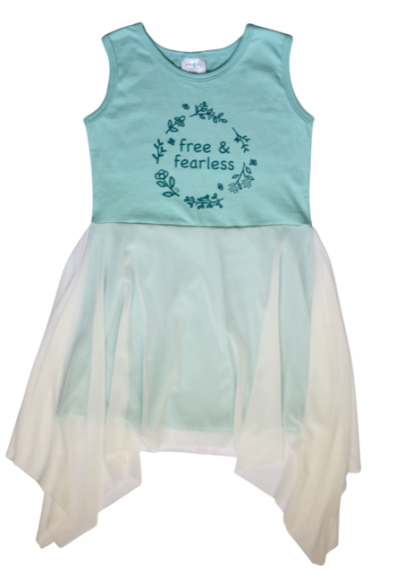 aqua printed mesh dress Aqua princess mesh dress with free and fearless print – Pickalilly Kids