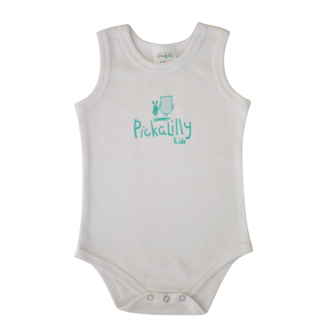 White VEST with green Pickalilly friends print