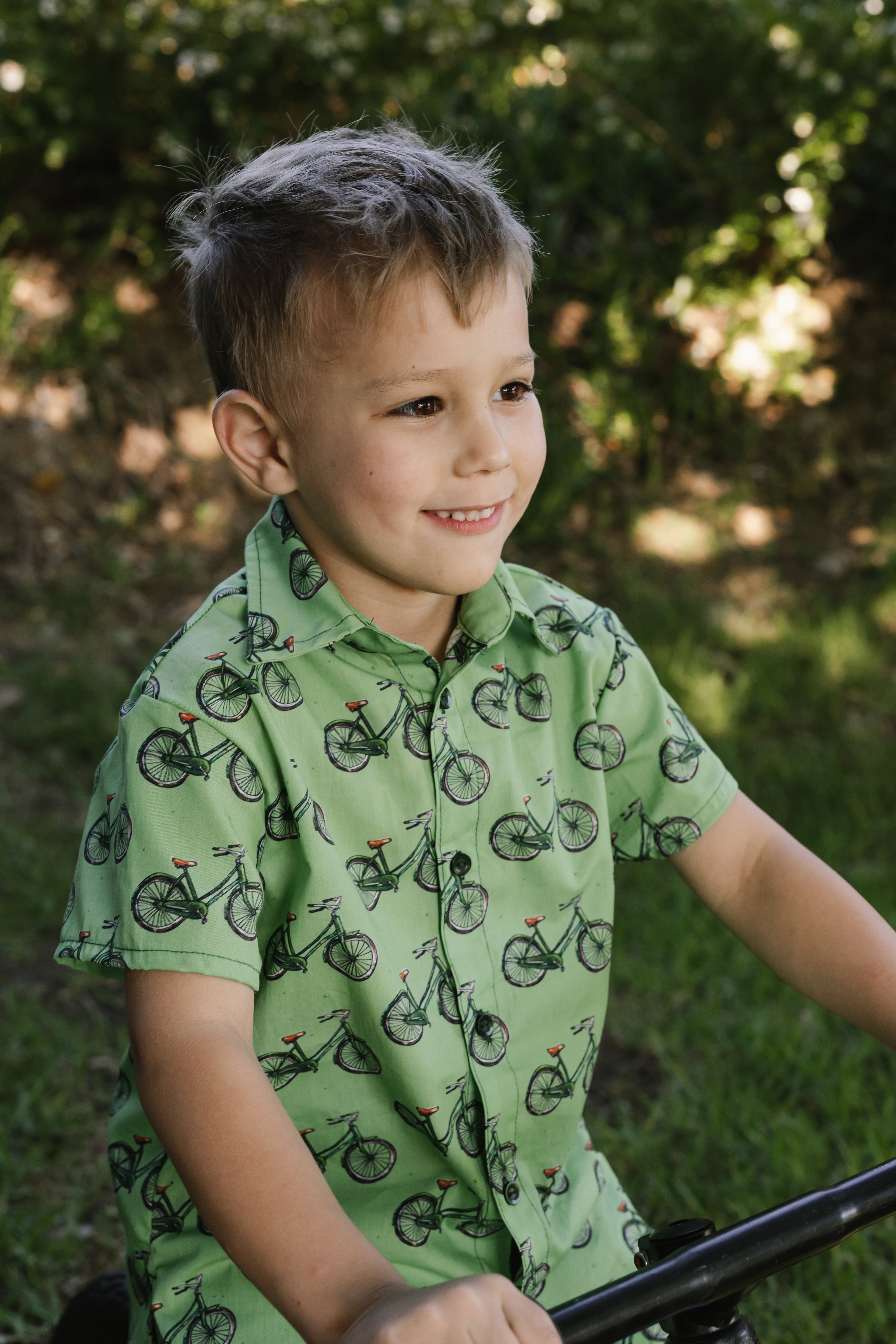 Boys Button Shirt Green Bicycle print