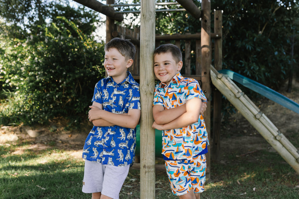 Boys Button Shirt Boats With Blue Vest