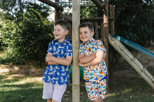 Boys Button Shirt Blue Tigers print