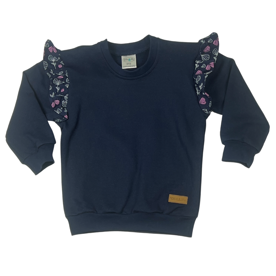 Girls navy with floral frill long sleeve tops
