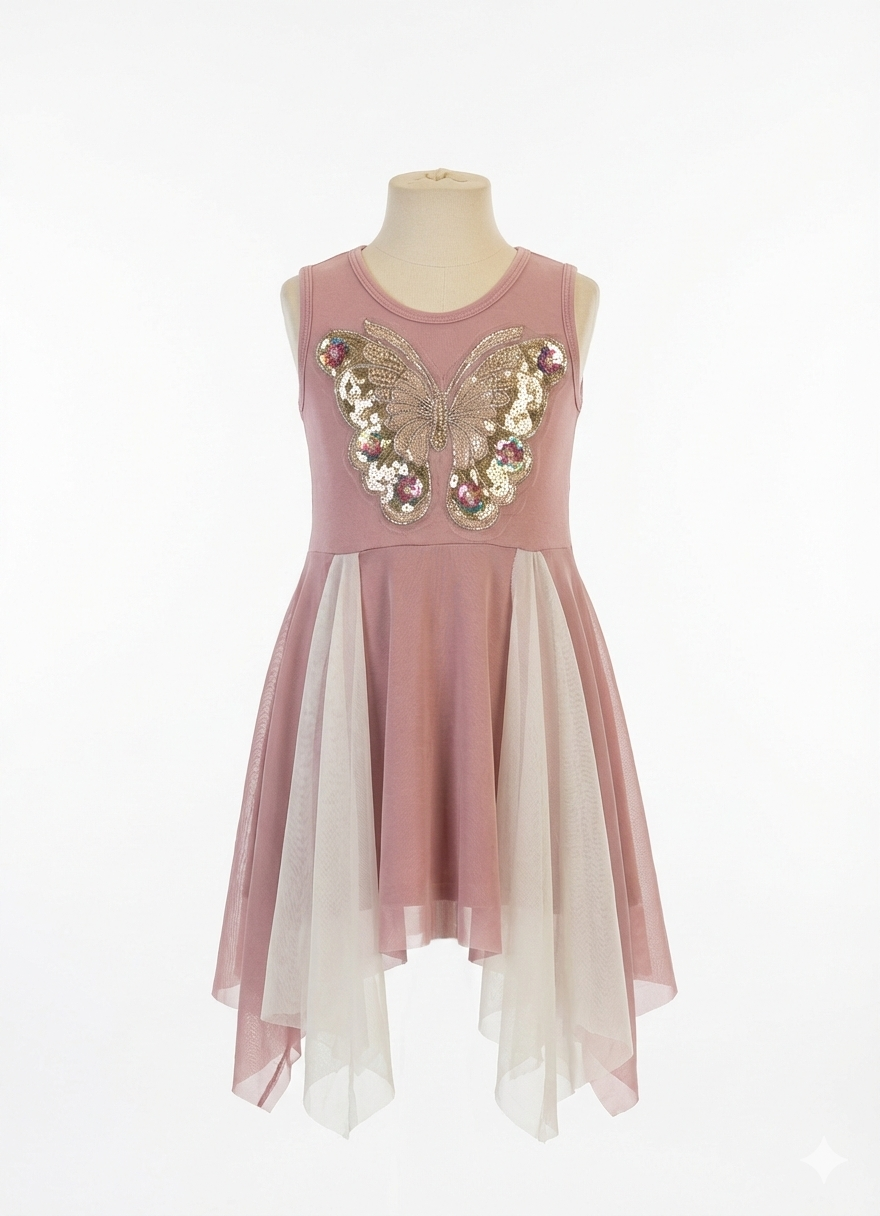 Girls Princess Dress Dusty Pink Butterfly Sparkle