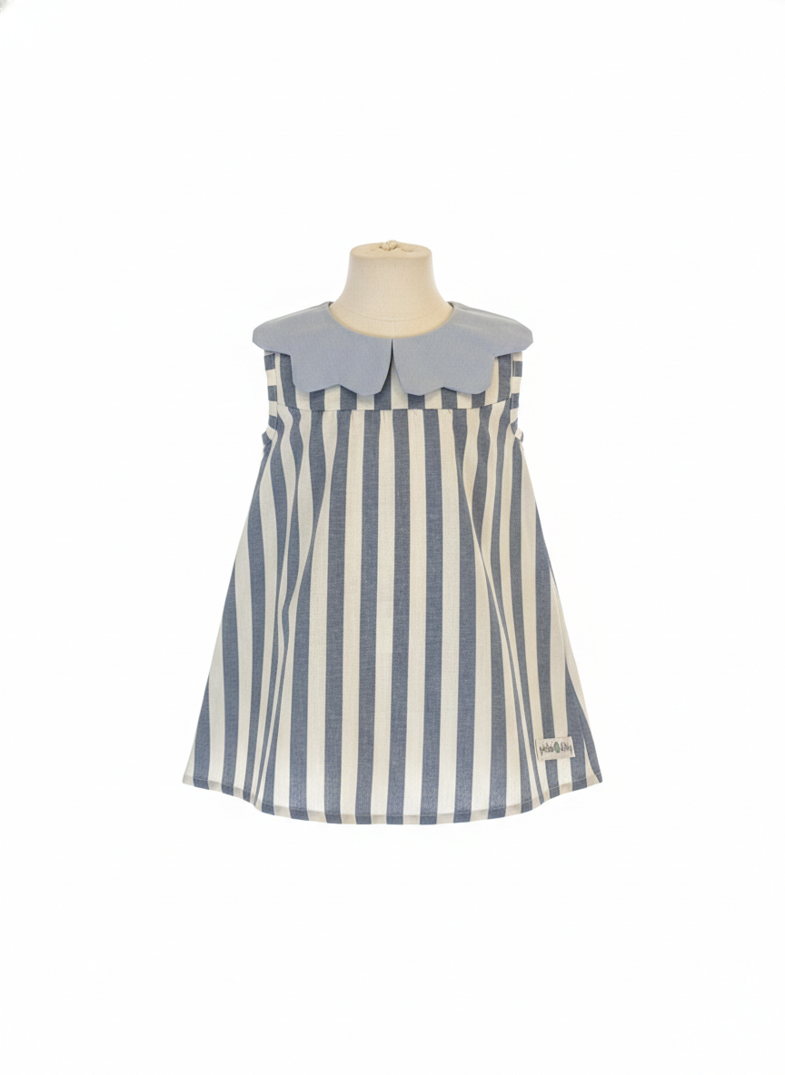 Girls Collar Dresses Denim and White Stripes print