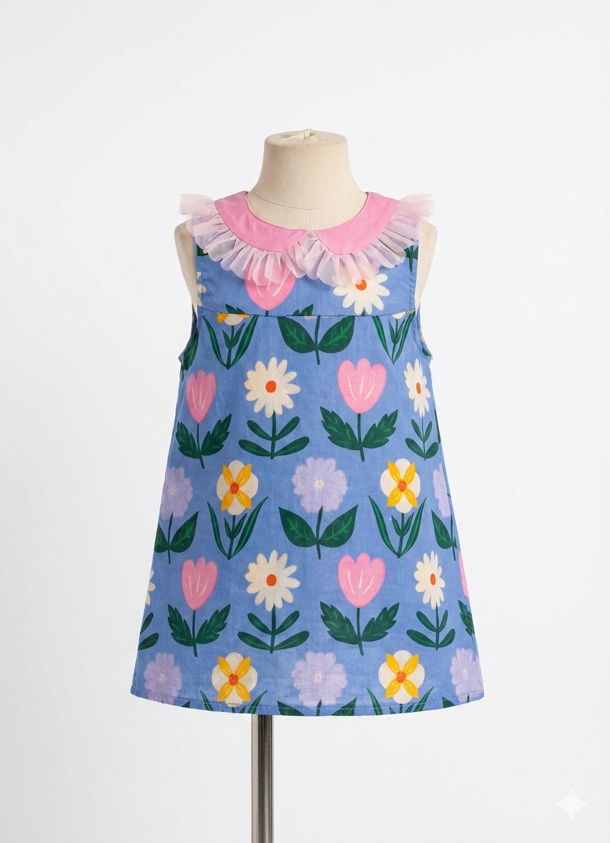 Girls Collar Dresses Blue Flowers print