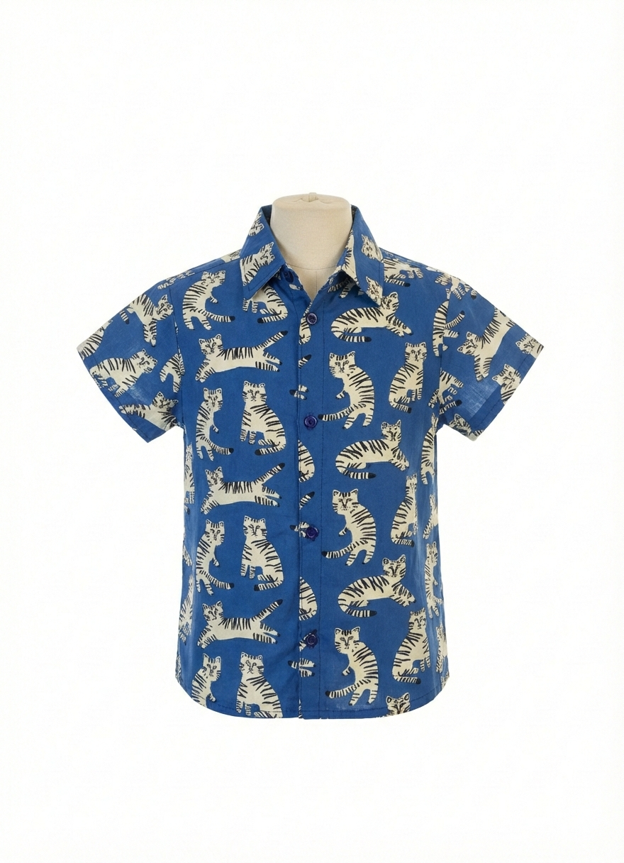Boys Button Shirt Blue Tigers print