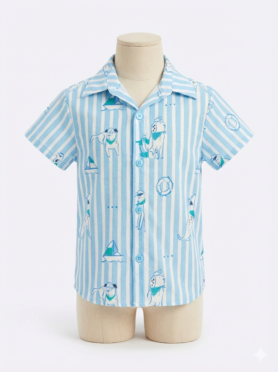 Boys Button Shirt Blue Stripes Dogs print