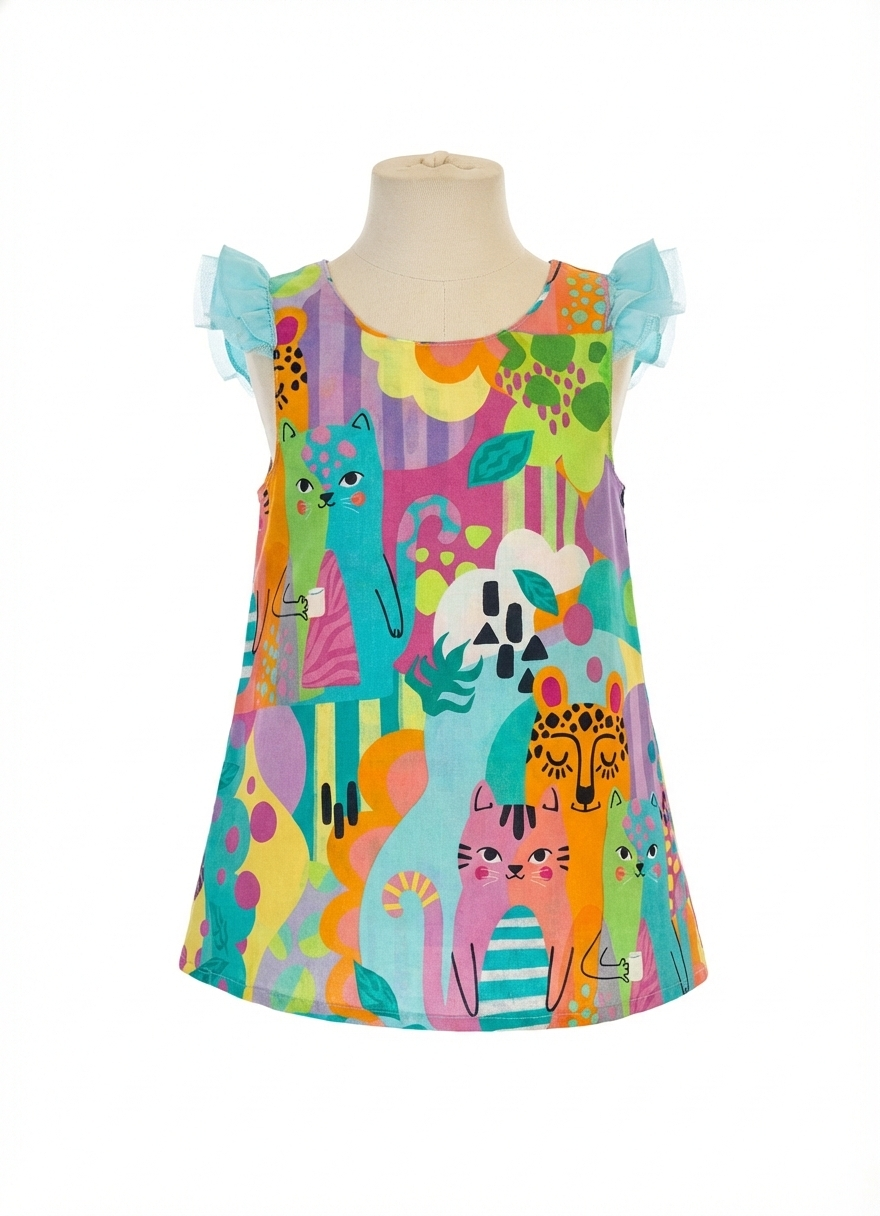Girls Summer Pocket Dress Funky Cats print
