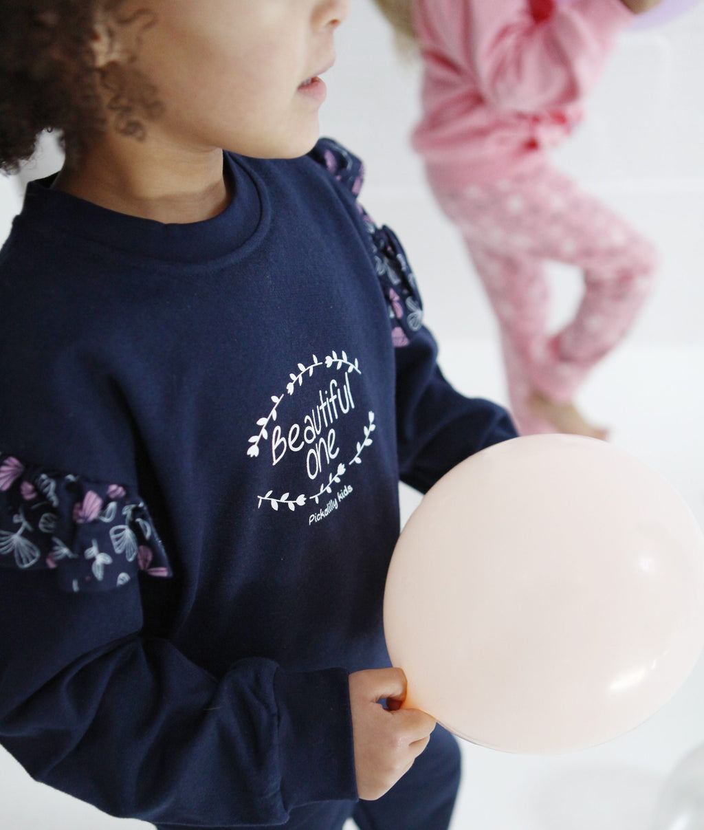 Elegant frilly "Beautiful one" longsleeve navy tops