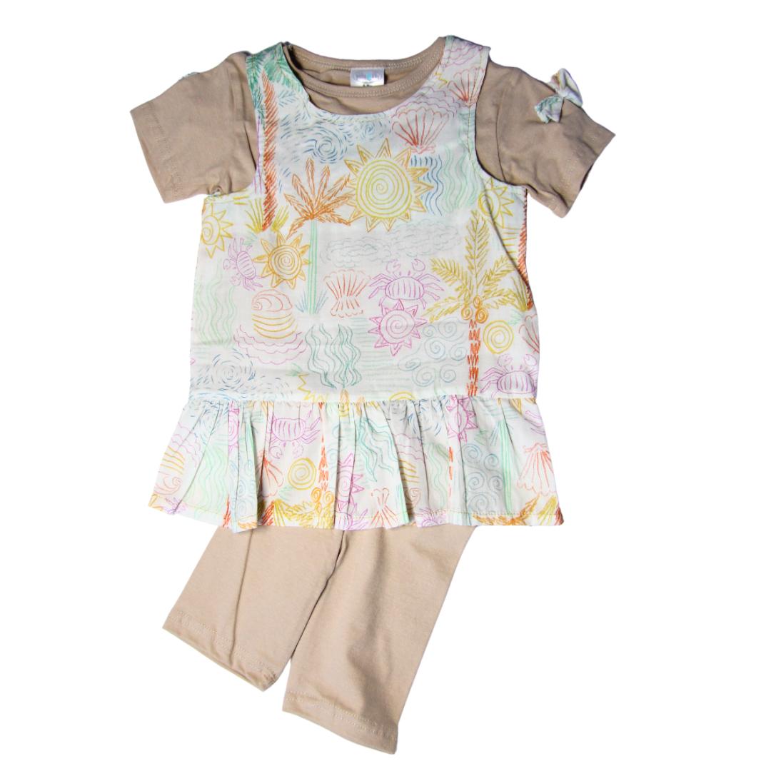 3 pack Beach vibes frill dress with t-shirt and pants set