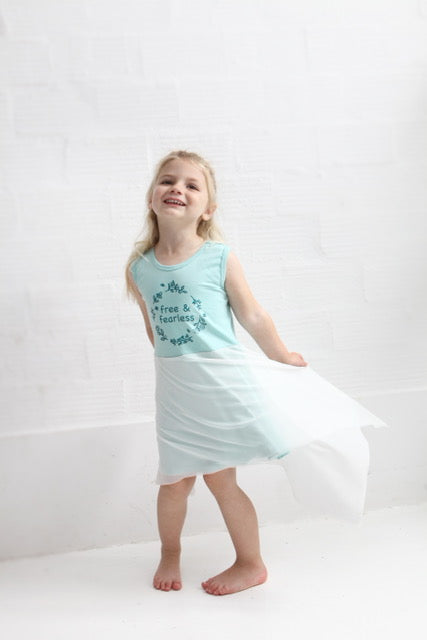 Aqua princess mesh dress with free and fearless print