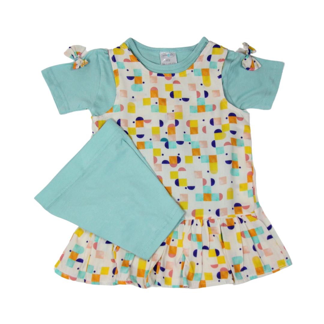 3 pack Shapes frill dress with t-shirt and pants set