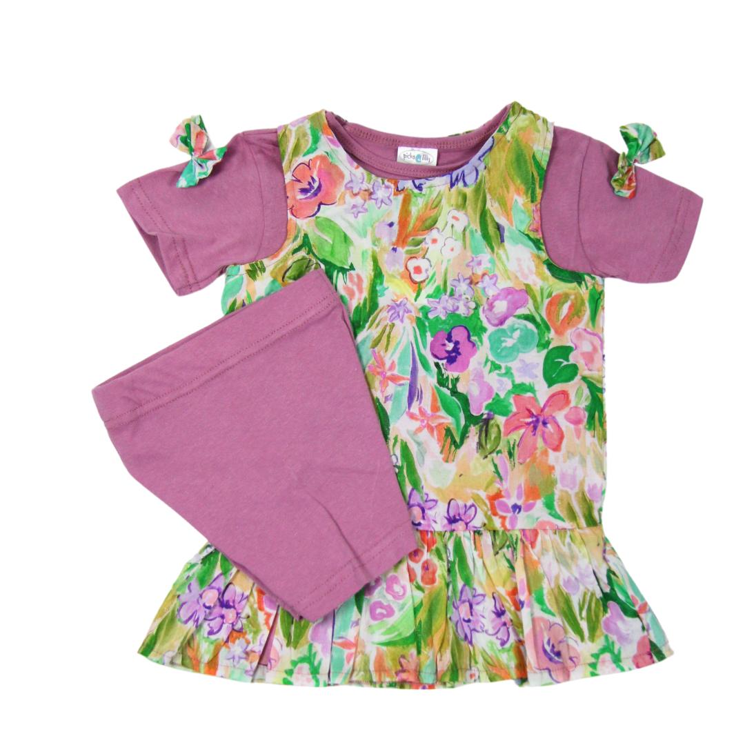 3 pack Spring frill dress with t-shirt and pants set